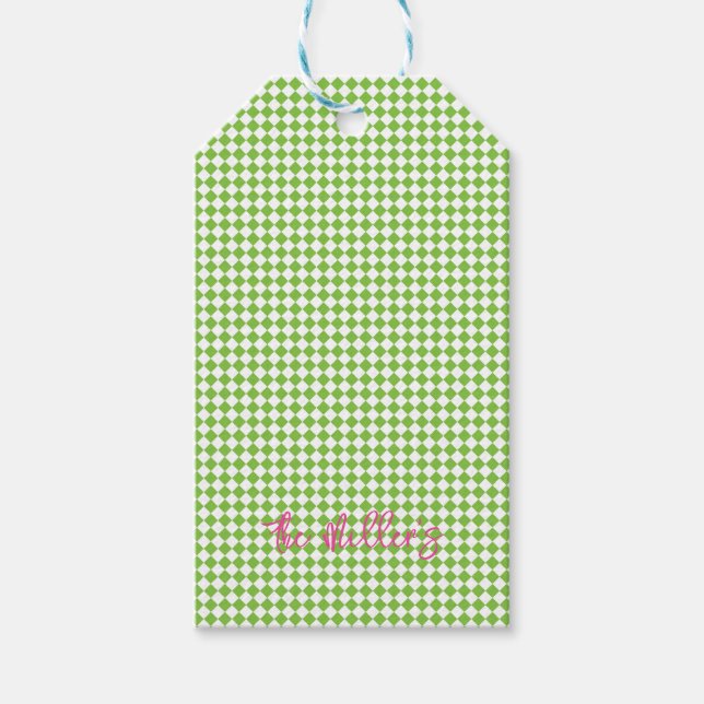 Lime Green Karo Preppy Pink NAME Festiver Spaß Geschenkanhänger (Vorderseite)