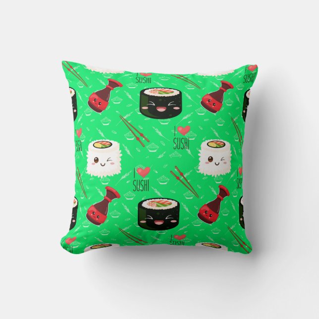 Lime Green Kawaii Sushi-Muster Kissen (Vorderseite)