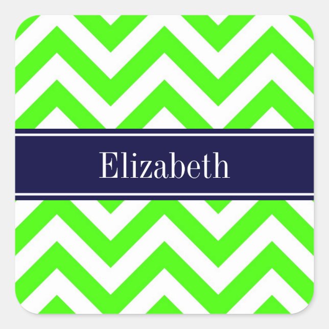 Lime Green LG Zickzack Navy Blue Name Monogram Quadratischer Aufkleber (Vorderseite)