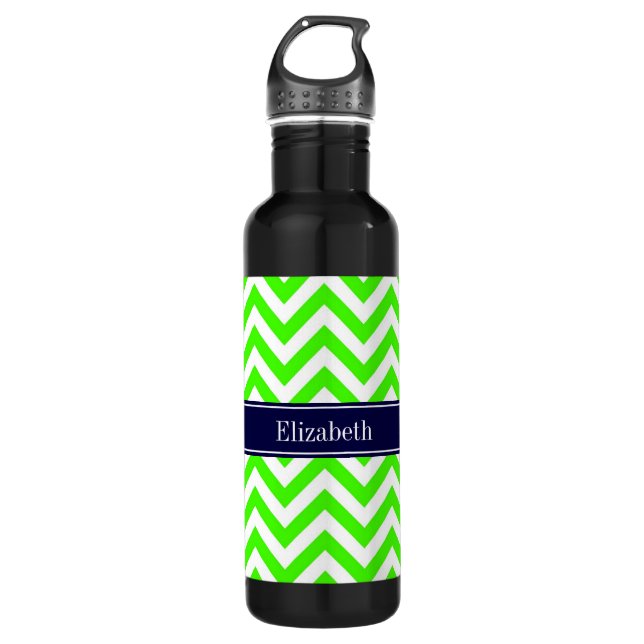 Lime Green LG Zickzack Navy Blue Name Monogram Trinkflasche (Vorderseite)