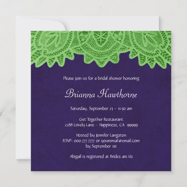 Lime Green Lila Vintag Lace Brautparty V13 Einladung (Vorderseite)