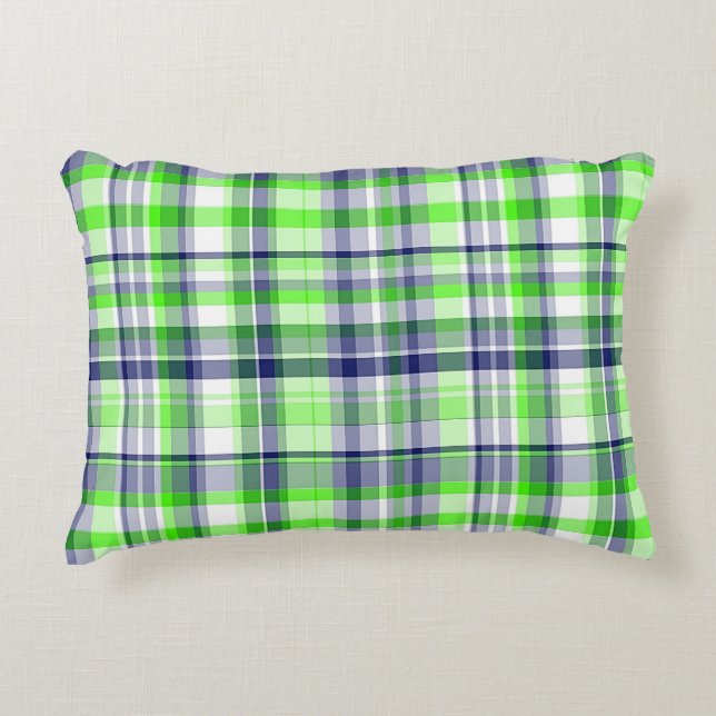 Lime Green, Navy Blue, White Preppy Madras Kariert Dekokissen (Vorderseite)