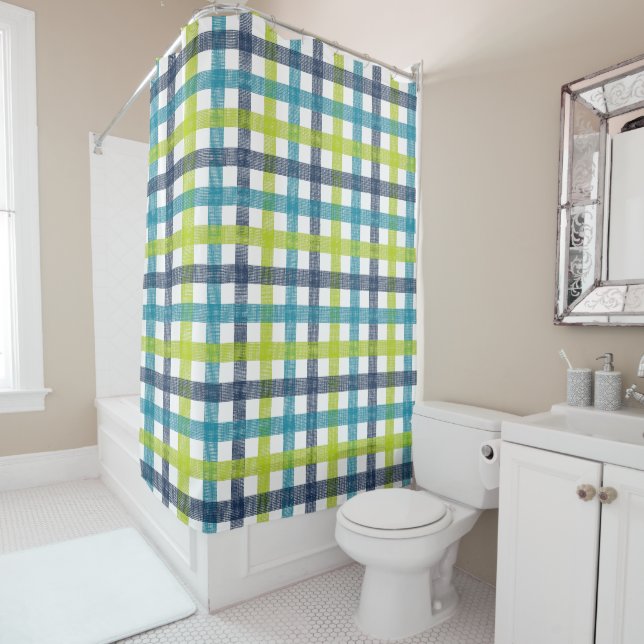 Lime Green, Navy und Türkis Blue Kariert Duschvorhang (Beispiel)