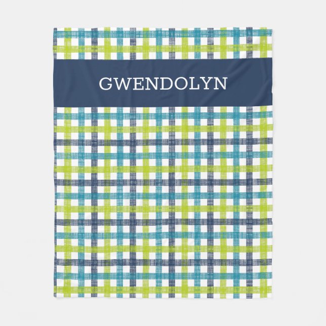Lime Green, Navy und Türkis Blue Kariert Fleecedecke (Vorderseite)