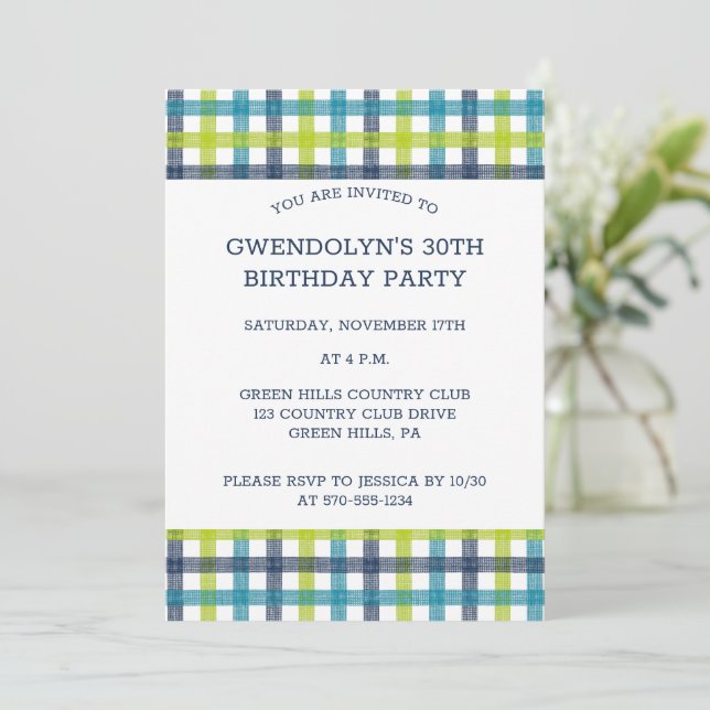 Lime Green, Navy und Türkis Blue Kariert Invitati Einladung (Stehend Vorderseite)