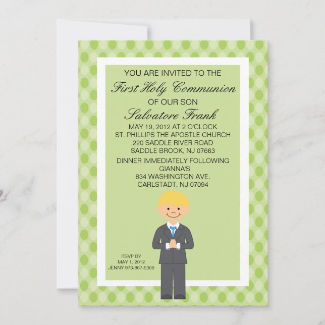 Lime Green Niedlich First Communion Boy Einladung (Vorderseite)