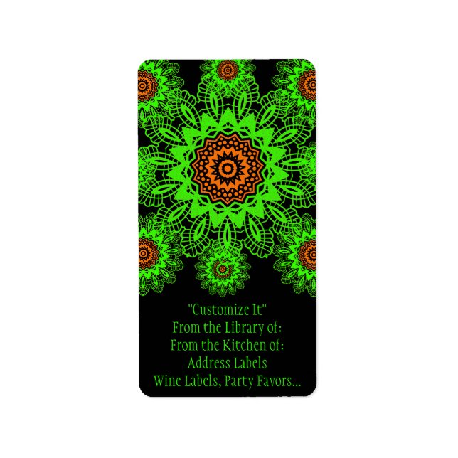Lime Green Orange Black Lace Doily Mandala Snowfla Adressaufkleber (Vorne)