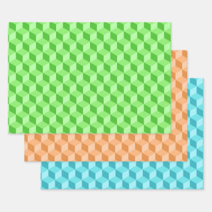 LIME GREEN PEACH AQUA BLUE GEOMETRIC CUBE PATTERS GESCHENKPAPIER SET
