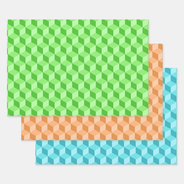 LIME GREEN PEACH AQUA BLUE GEOMETRIC CUBE PATTERS GESCHENKPAPIER SET (Set)