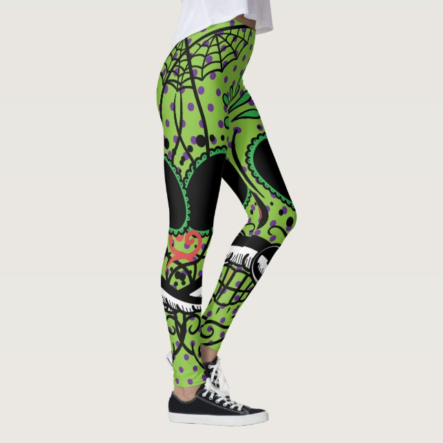 Lime Green Purple Pois Sugar Skull Leggings (Droite)