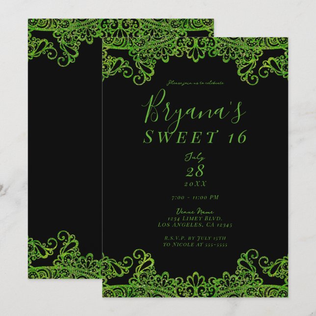 Lime Green Sparkle Glitzer Black Sweet 16 Party Einladung (Vorne/Hinten)