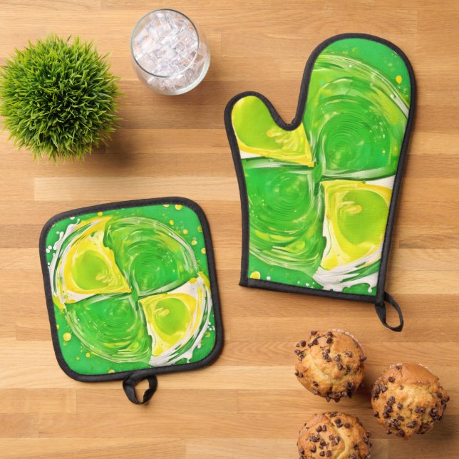 Lime Green Spiral Ofenhandschuh & Topflappen-Set (Oben Unten)