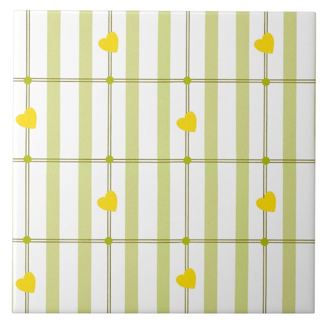 Lime Green Stripe and Yellow Hearts  Fliese (Vorderseite)