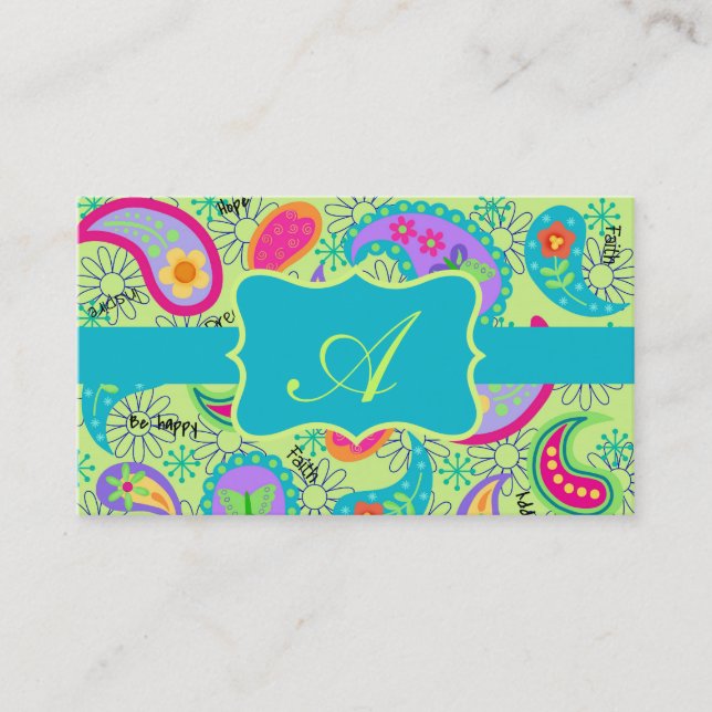 Lime Green Turquoise Modern Paisley Monogram Visitenkarte (Vorderseite)
