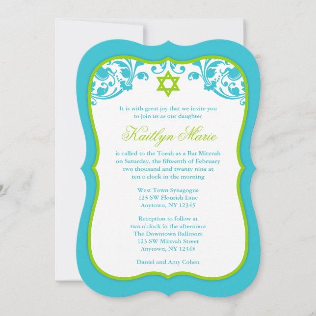Lime Green und Aquamarine Wirbel Bat Mitzvah Einladung (Vorderseite)