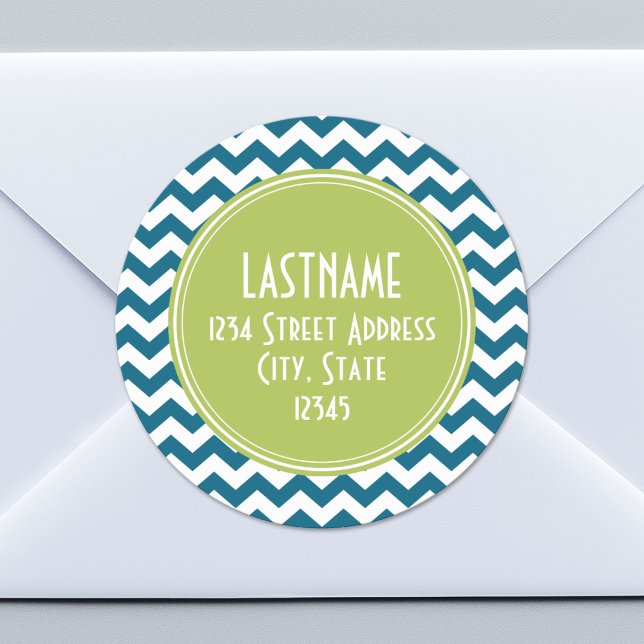 Lime Green und Aquamarines Zickzack Muster Monogra Runder Aufkleber (Custom Return Address Sticker)