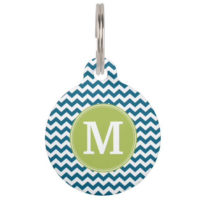 Lime Green und Aquamarines Zickzack Muster Monogra Tiernamensmarke (Vorderseite)