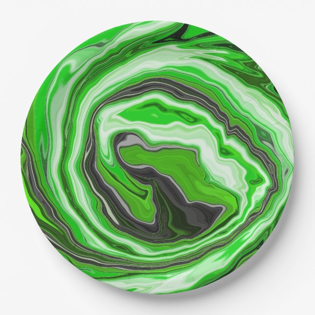 Lime Green und Black Marmor wie Wirbel Fluid Art Pappteller (Vorderseite)