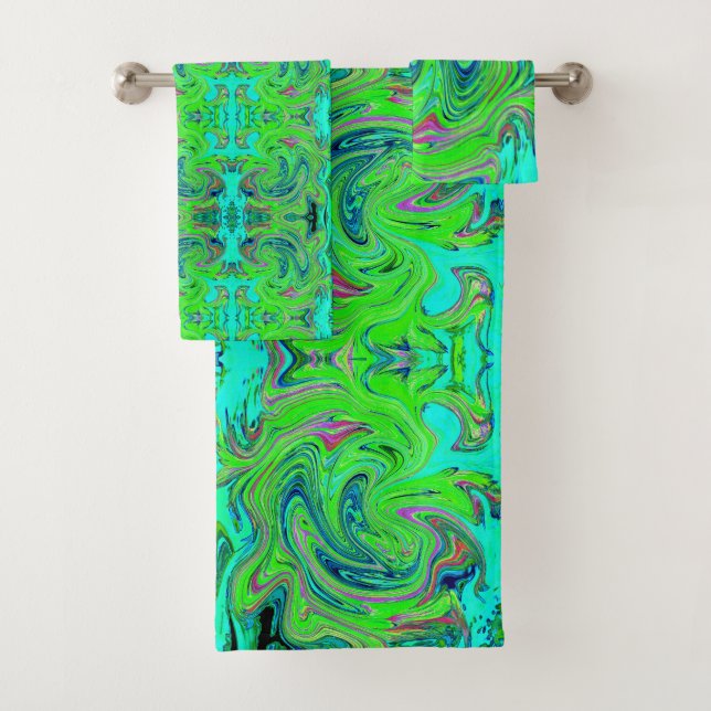 Lime Green und Blue Groovy Abstrakt Retro Art Badhandtuch Set (Insitu)