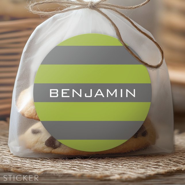 Lime Green und Grau Rugby Streifen mit Individuell Runder Aufkleber (Custom Sticker for Party Favors and Envelopes)