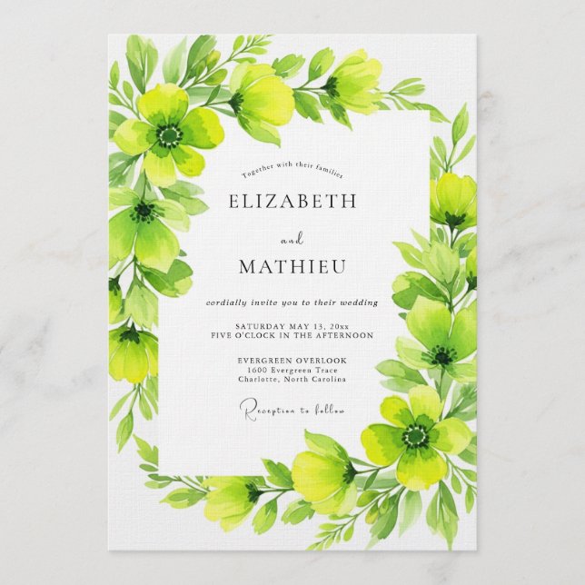 Lime Green Verdant Flourish Wedding Einladung (Vorderseite)