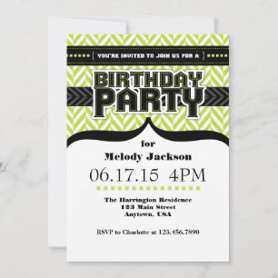 Lime Green White Black Herringbone Birthday Einlad Einladung