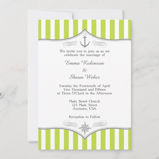 Lime Green White Gray Nautical Wedding Einladung (Vorderseite)