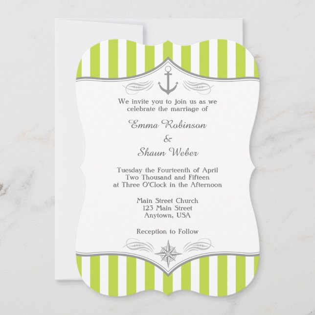 Lime Green White Gray Nautical Wedding Einladung (Vorderseite)