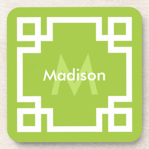 Lime Green White Greece Key Monogram Getränkeuntersetzer