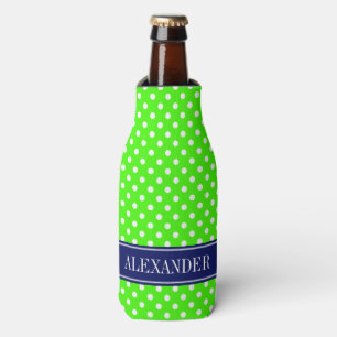 Lime Green White Polka Dots Navy Name Monogram Flaschenkühler