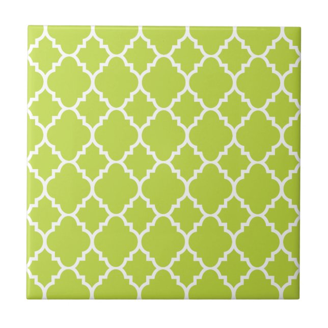Lime Green White Quatrefoil marokkanisches Muster Fliese (Vorderseite)