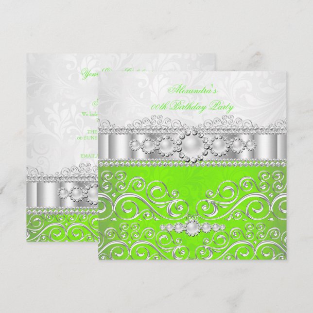 Lime Green White Silver Lace Pearl Birthday Party Einladung (Vorne/Hinten)