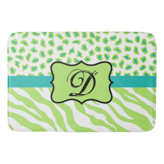 Lime Green White Zebra Leopard Skin Monogram Rug Badematte