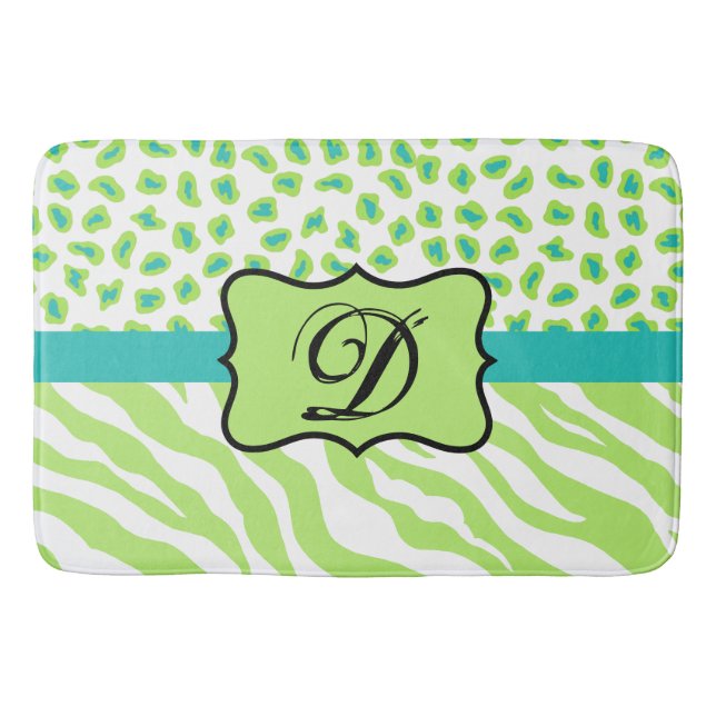 Lime Green White Zebra Leopard Skin Monogram Rug Badematte (Vorderseite)