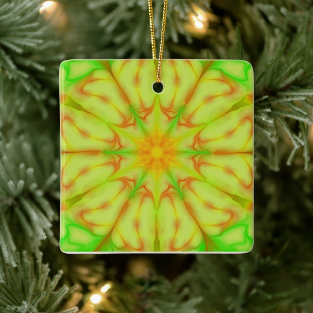 Lime Green Yellow Peach Fraktal Mandala Blume Keramikornament (Baum)