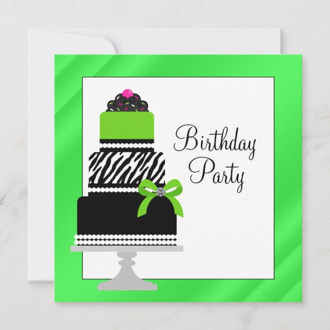 Lime Green Zebra Cake Cupcake Birthday Party Einladung (Vorderseite)