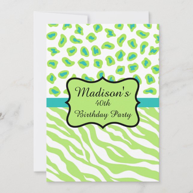 Lime Green Zebra Leopard Invitation 40e anniversai (Devant)