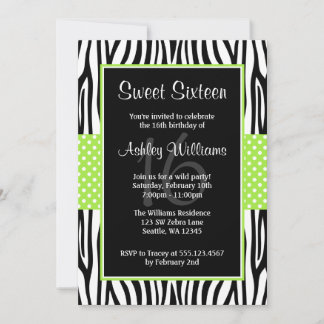 Lime Green Zebra Polka Dot Sweet 16 Einladungen