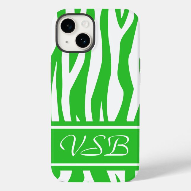 Lime Green Zebra Print mit Monogramm Case-Mate iPhone 14 Hülle (Rückseite)