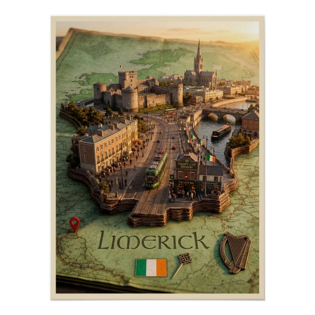 Limerick Irland 3D-Karten-Illustrationsposter Poster (Vorderseite)