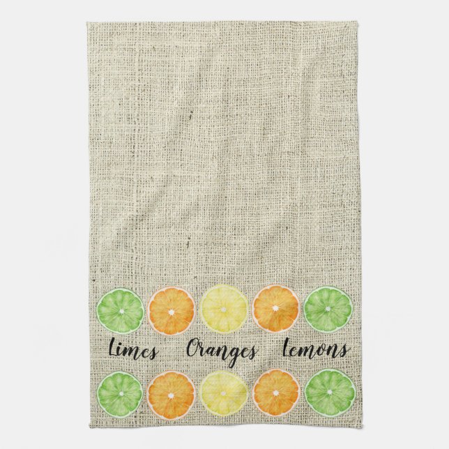 Limes Orangen und Zitronen auf Linen Hintergrund Geschirrtuch (Vertikal)