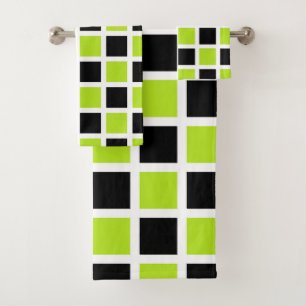 Limette Grüne und Schwarze Quadrate weiß Badhandtuch Set