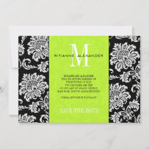 Limette Schwarzes Monogramm Damast Hochzeit Termin Einladung