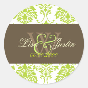 Limetten-grüne Damast-Monogramm-Hochzeitsaufkleber Runder Aufkleber