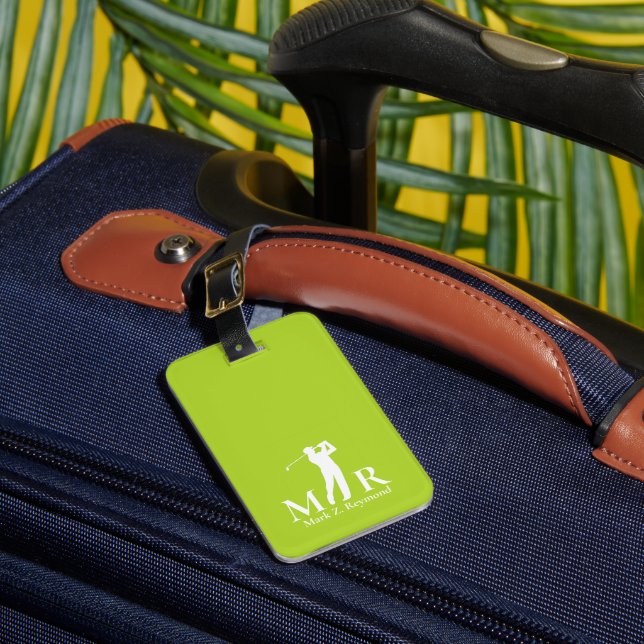 Limetten-grüner Golfspieler mit Monogramm Gepäckanhänger (Vorderseite Insitu 1)