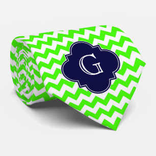 Limettengrünes Zickzack Navy-Quatrefolienmonogramm Krawatte