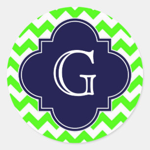 Limettengrünes Zickzack Navy-Quatrefolienmonogramm Runder Aufkleber