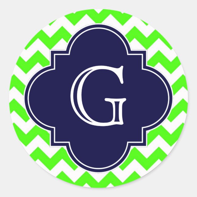 Limettengrünes Zickzack Navy-Quatrefolienmonogramm Runder Aufkleber (Vorderseite)
