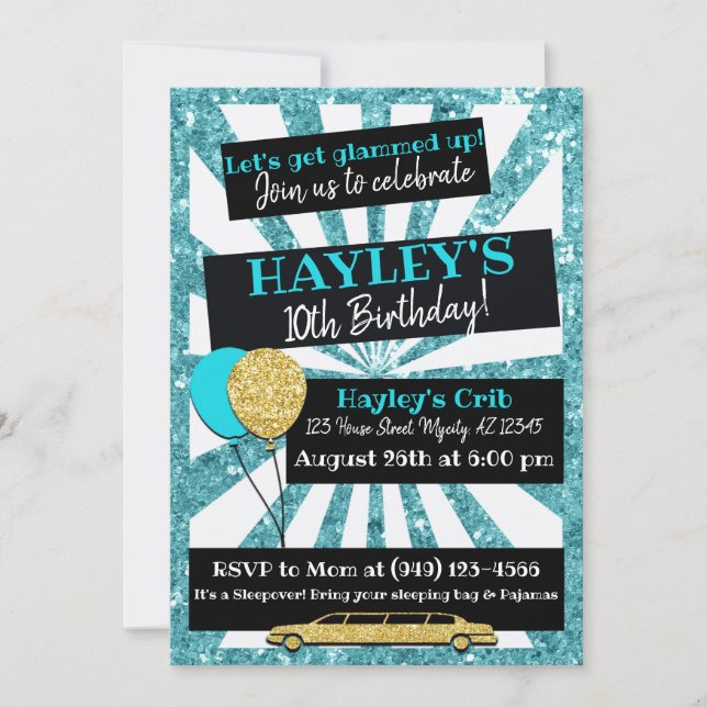 Limo Party VIP Pass Aquamarin & gold Glitzer Einla Einladung (Vorderseite)