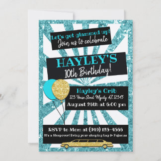 Limo Party VIP Pass Aquamarin & gold Glitzer Einla Einladung